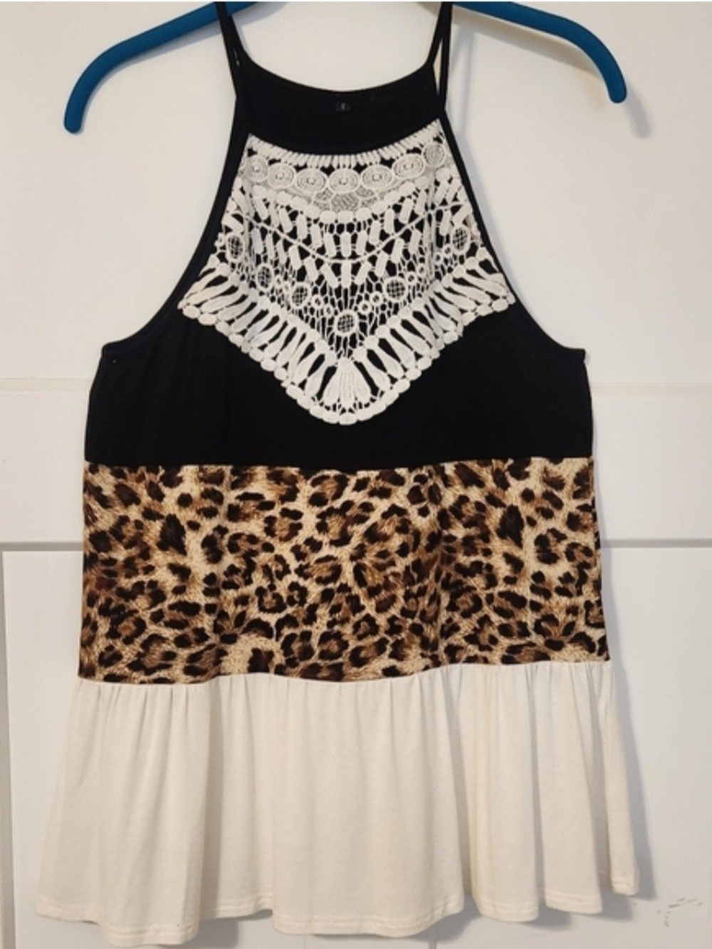 Women's Black Crochet Halter Tank with Leopard and Ivory Tier